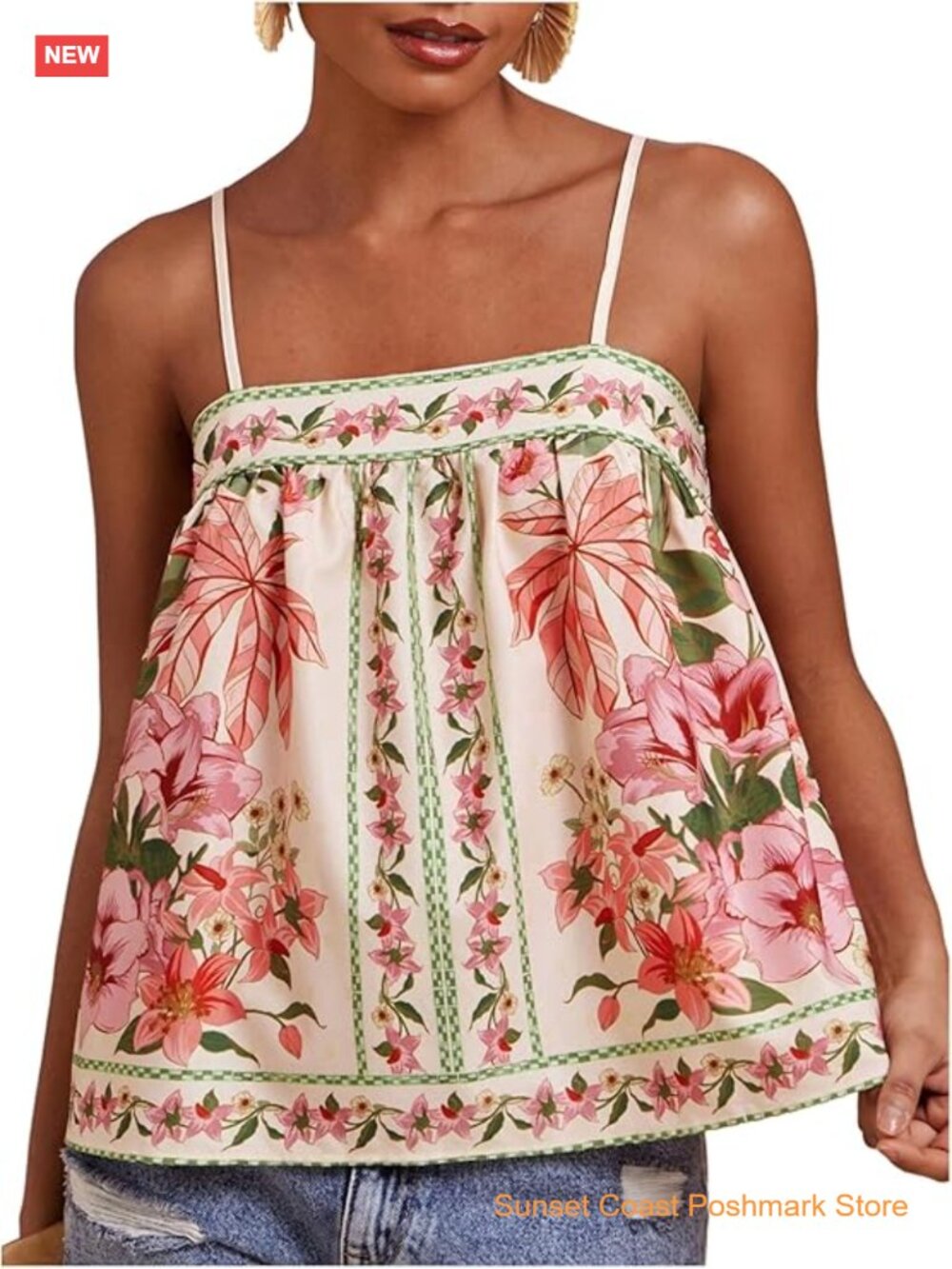 Boho Floral Camisole Top Spaghetti Strap Tank Beach Vacation
